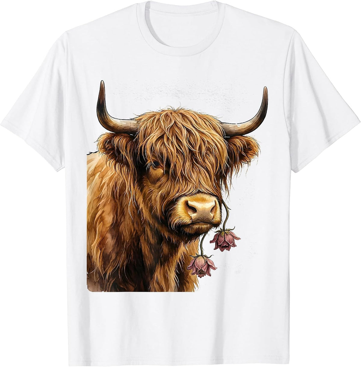Highland Cow Bust Watercolor Cute Floral Cow Lover T-Shirt - White