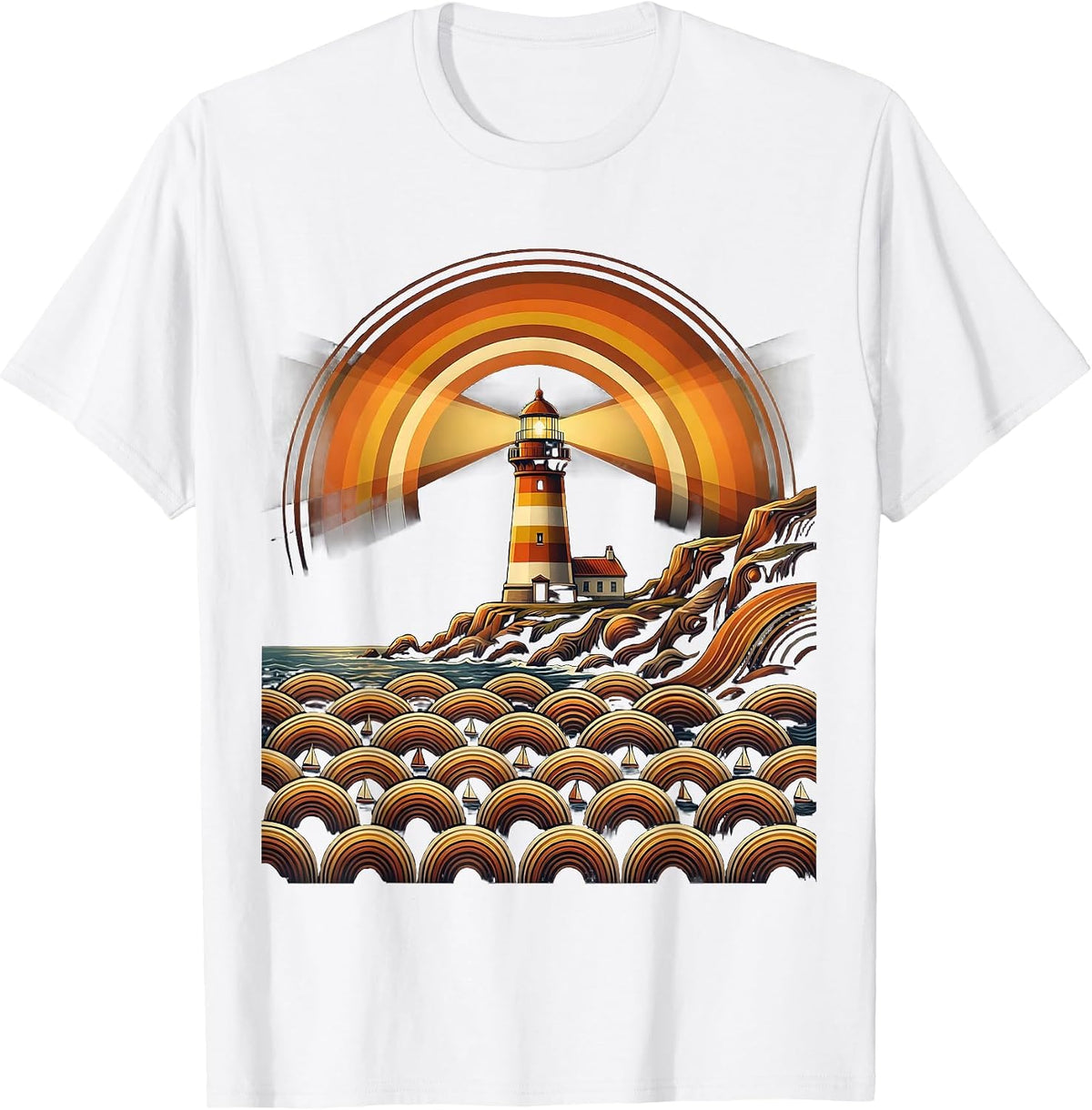 Lighthouse Beam Over Sea of Boats Graphic T-Shirt - White