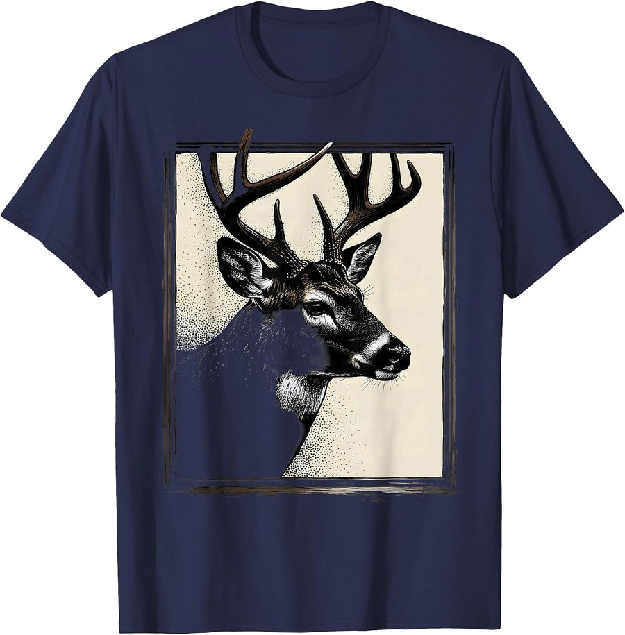 Whitetail Buck Head Dotwork Hunting Youth Teens T-Shirt - Navy Blue