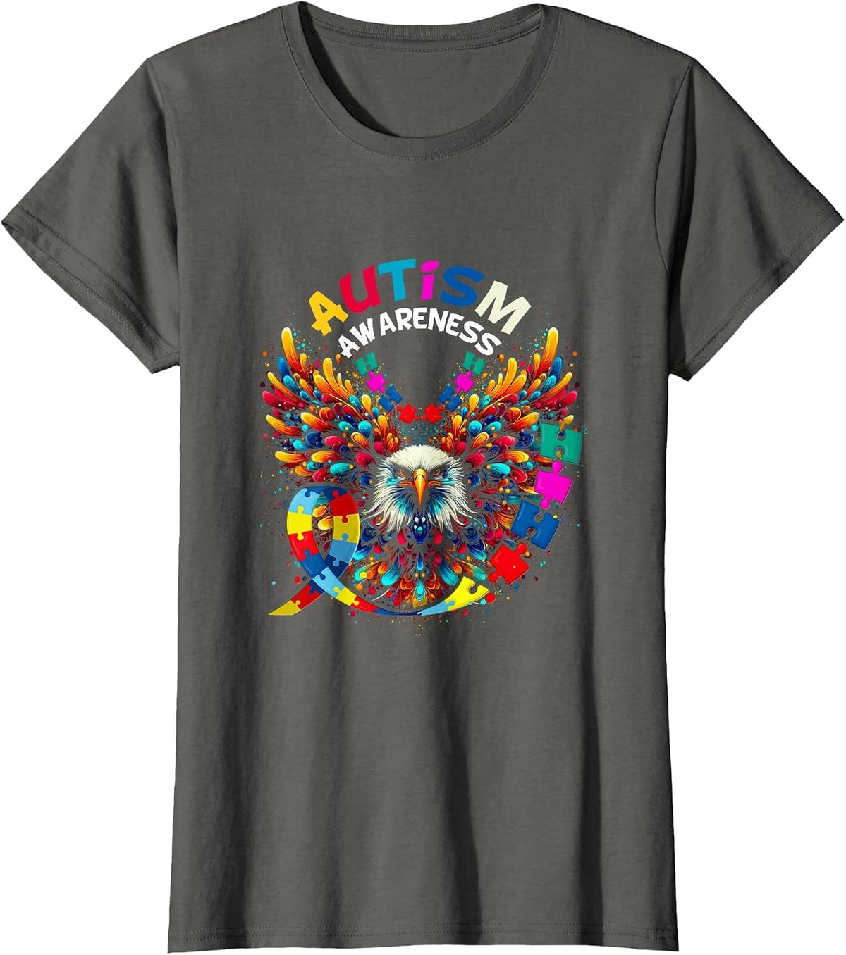 Autism Awareness Puzzle Pieces Eagle Family Health Support T-Shirt - Asphalt Grey
