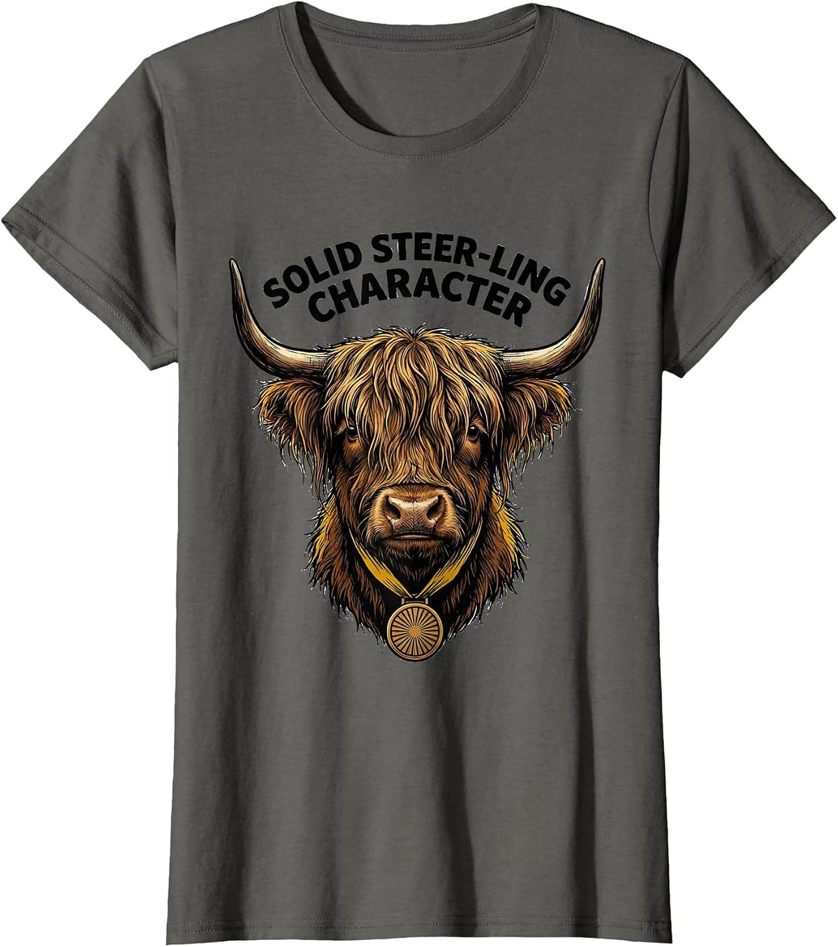 Women's Solid Steer-ling Character Funny Highland Cow Animal Lover T-Shirt - Asphalt Grey