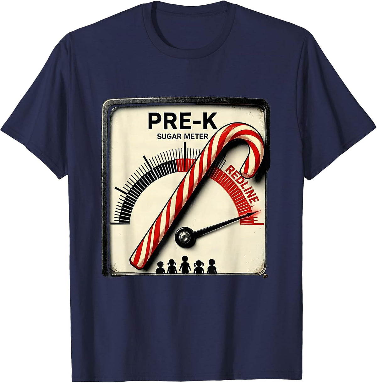 Men's Pre-K Sugar Meter Redline Funny Teacher Christmas Candy Cane T-Shirt - Navy Blue
