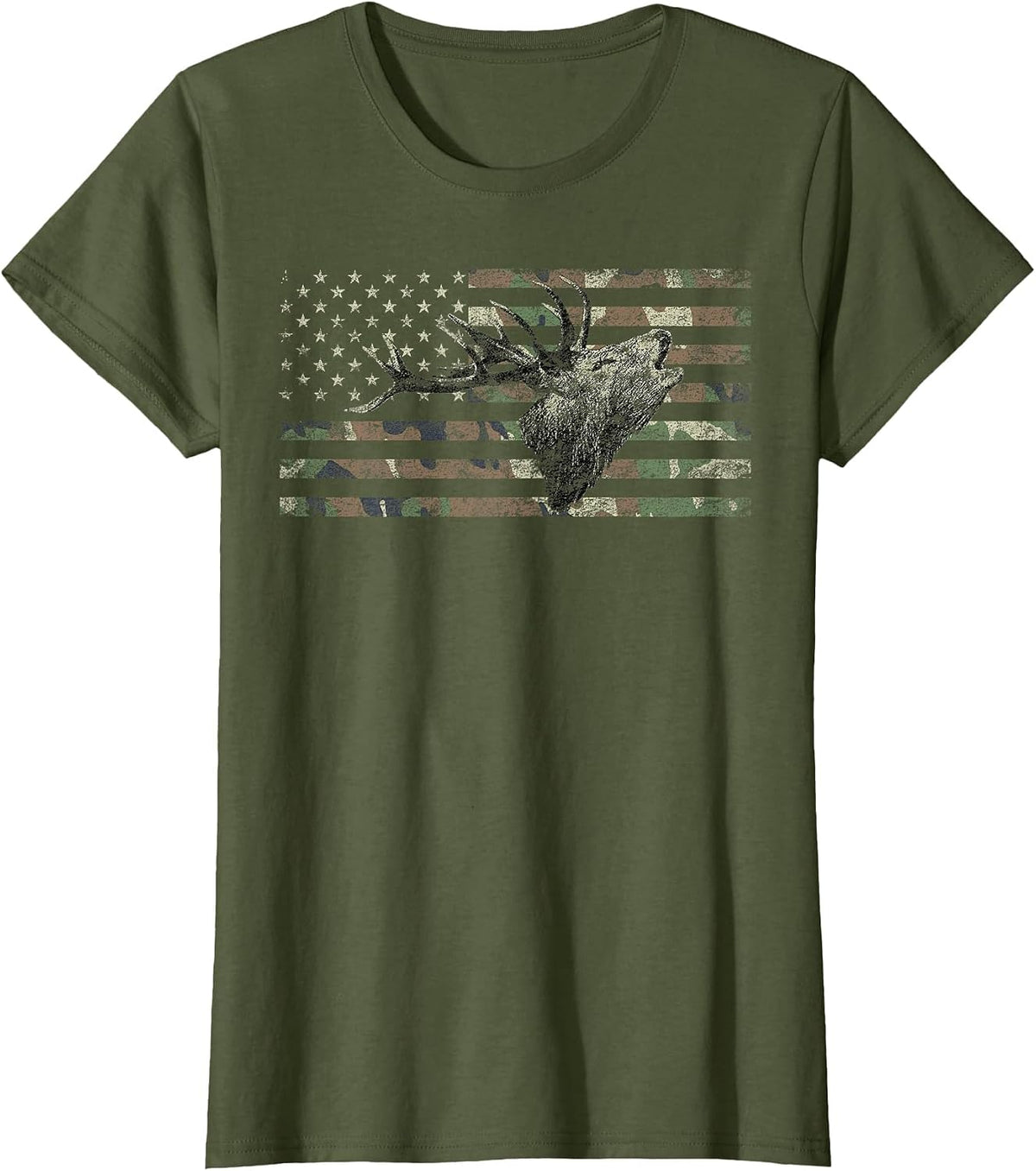 Deer Hunting Camo American Flag Buck Calling Hunter Country T-Shirt - Olive Green