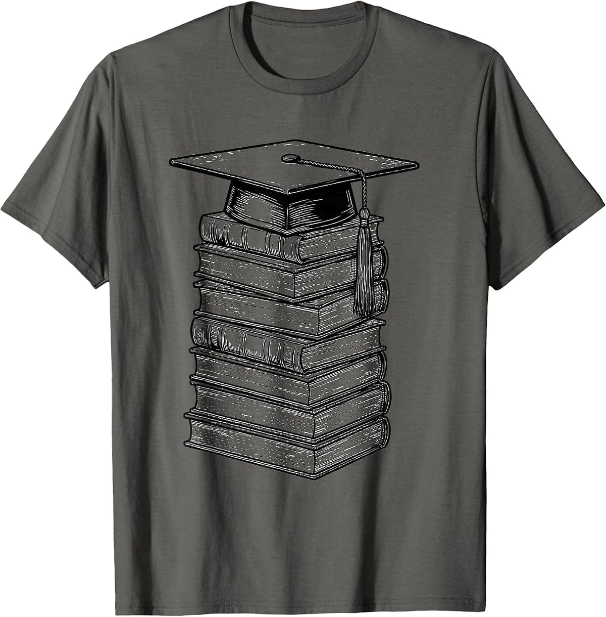 English Teacher Graduation Mortarboard Book Pile T-Shirt - Asphalt Grey