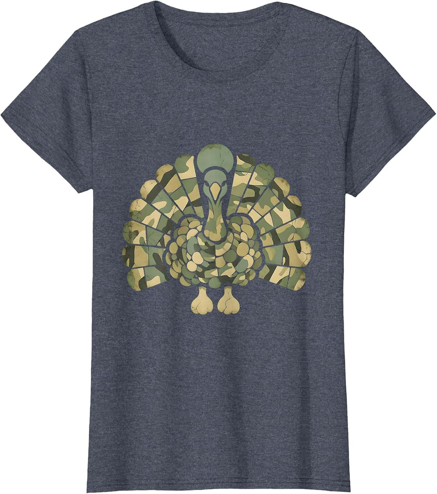 Camo Turkey Feather Fan Hunting Design T-Shirt, Women, Heather Blue, XX-Large - As Pictured