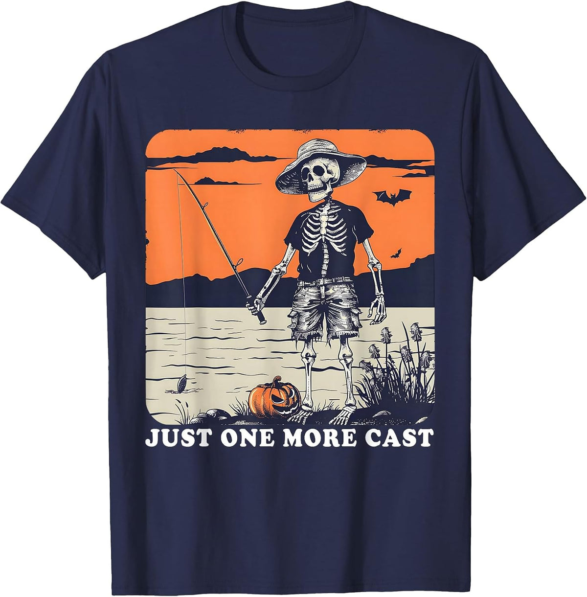 Funny Skeleton Fishing Tee Just One More Cast Quote T-Shirt - Navy Blue