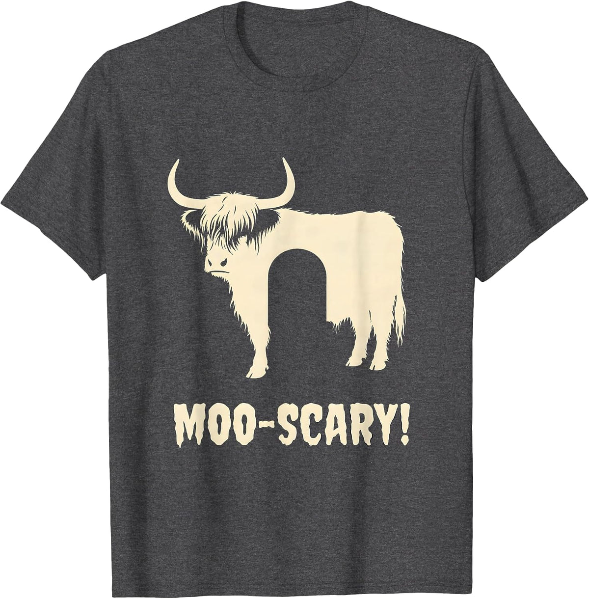 Moo-scary! Whimsical Highland Cow Halloween Humor Novelty T-Shirt - Dark Heather Grey