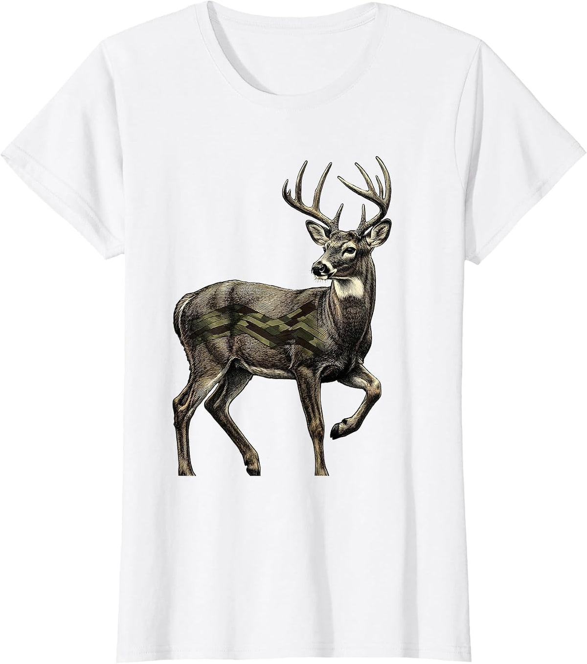 Alert Whitetail Buck Crosshatch Etching Hunting Pride T-Shirt - White