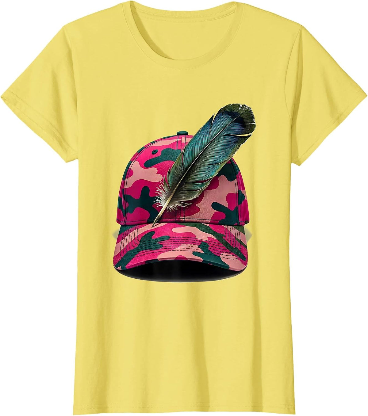Pink Camo Hunting Hat With Duck Feather Graphic T-Shirt - Lemon Yellow