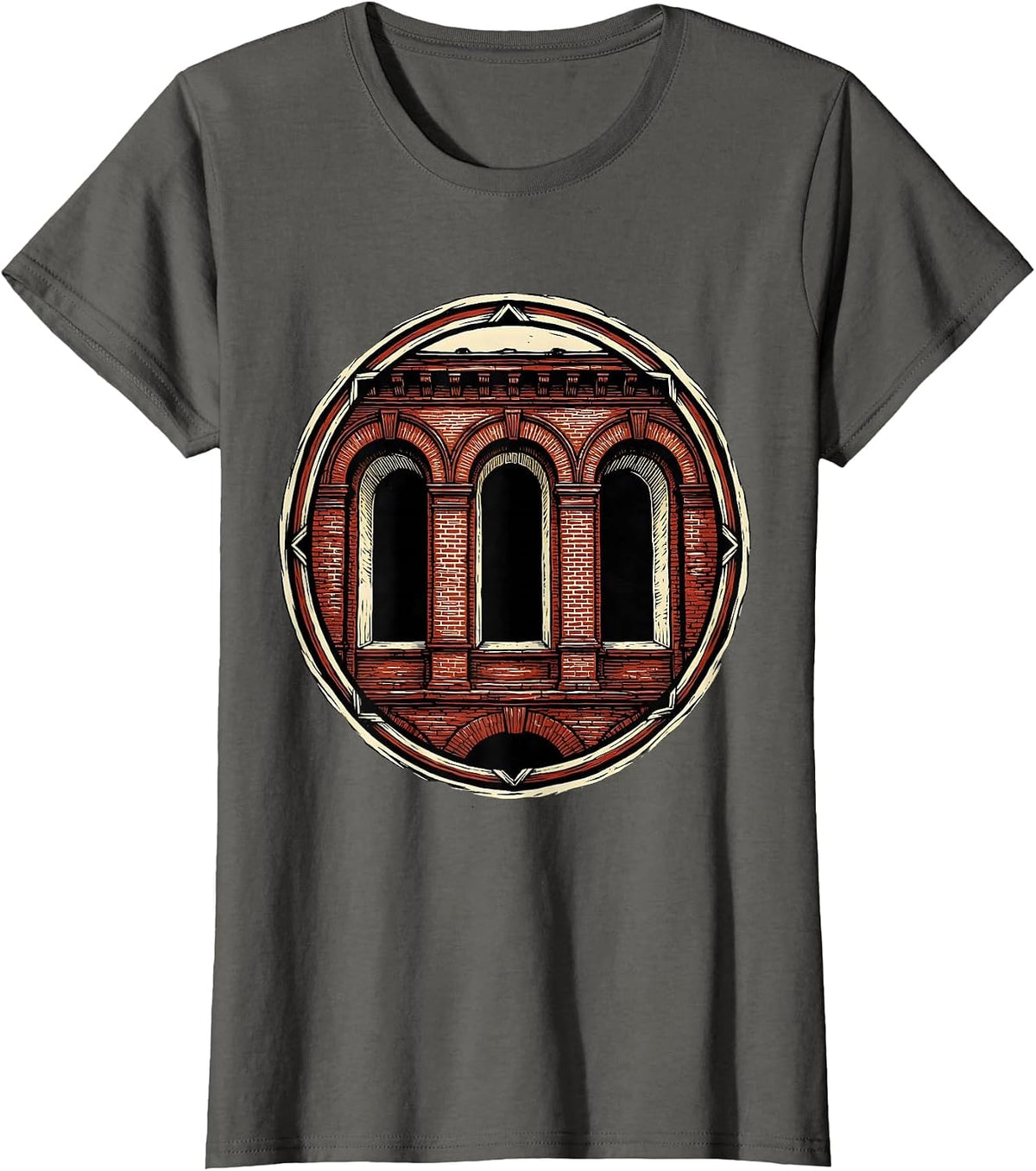 Women's Mason 67 Old Brick Building Arched Windows Graphic T-Shirt - Asphalt Grey