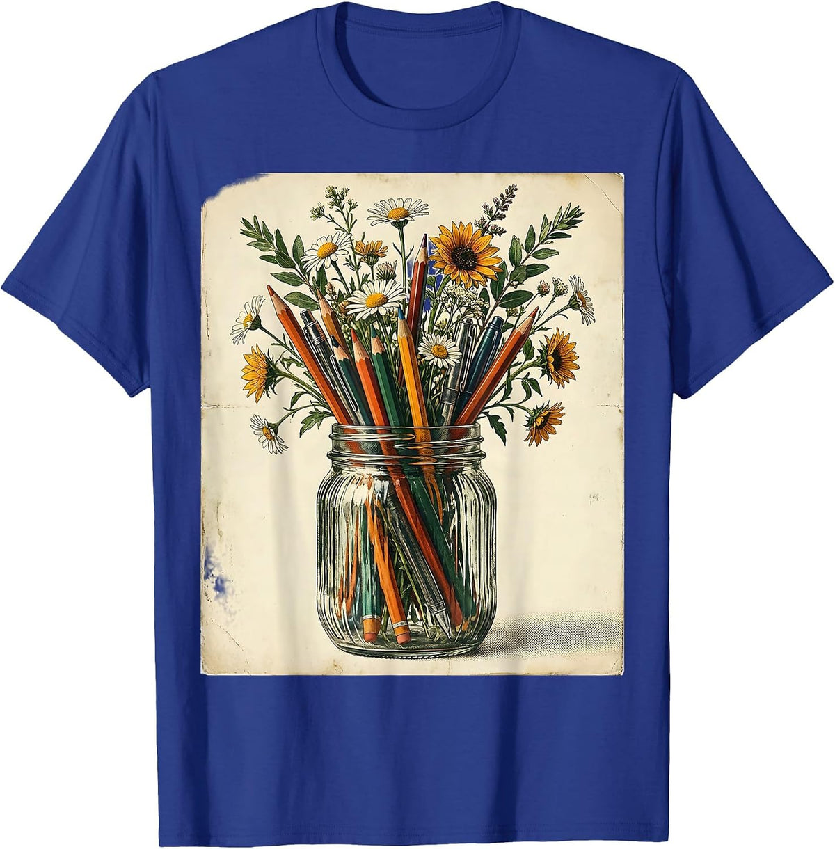 Men's Elementary Teacher Mason Jar Pens Flowers Graphic T-Shirt - Royal Blue