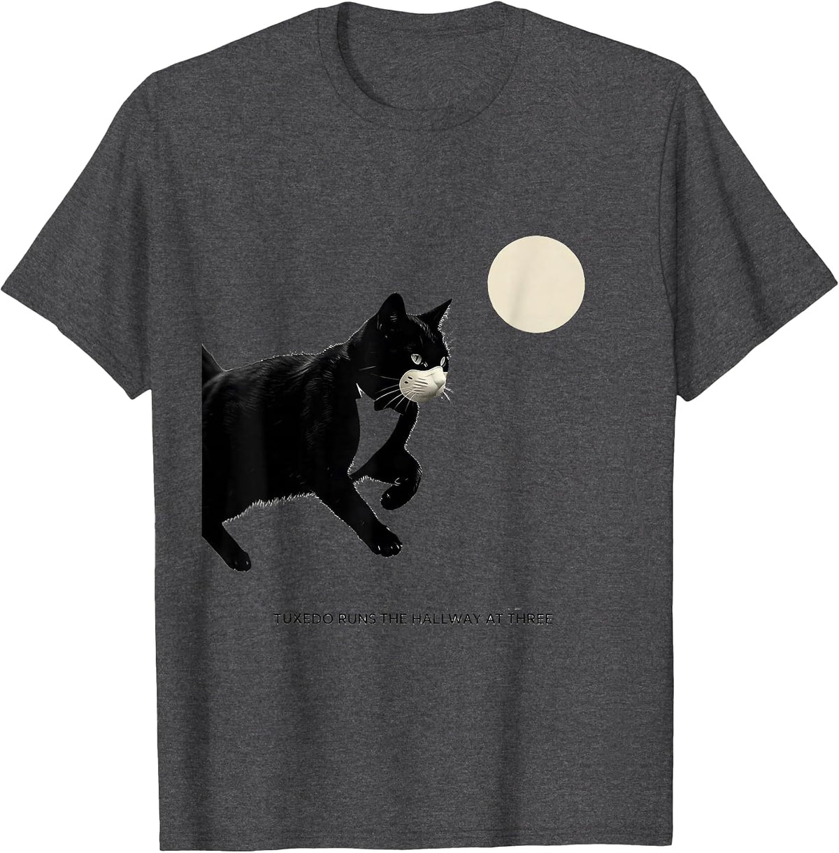 Men's Tuxedo Runs the Hallway at Three Minimalist 90s Retro Cat T-Shirt - Dark Heather Grey