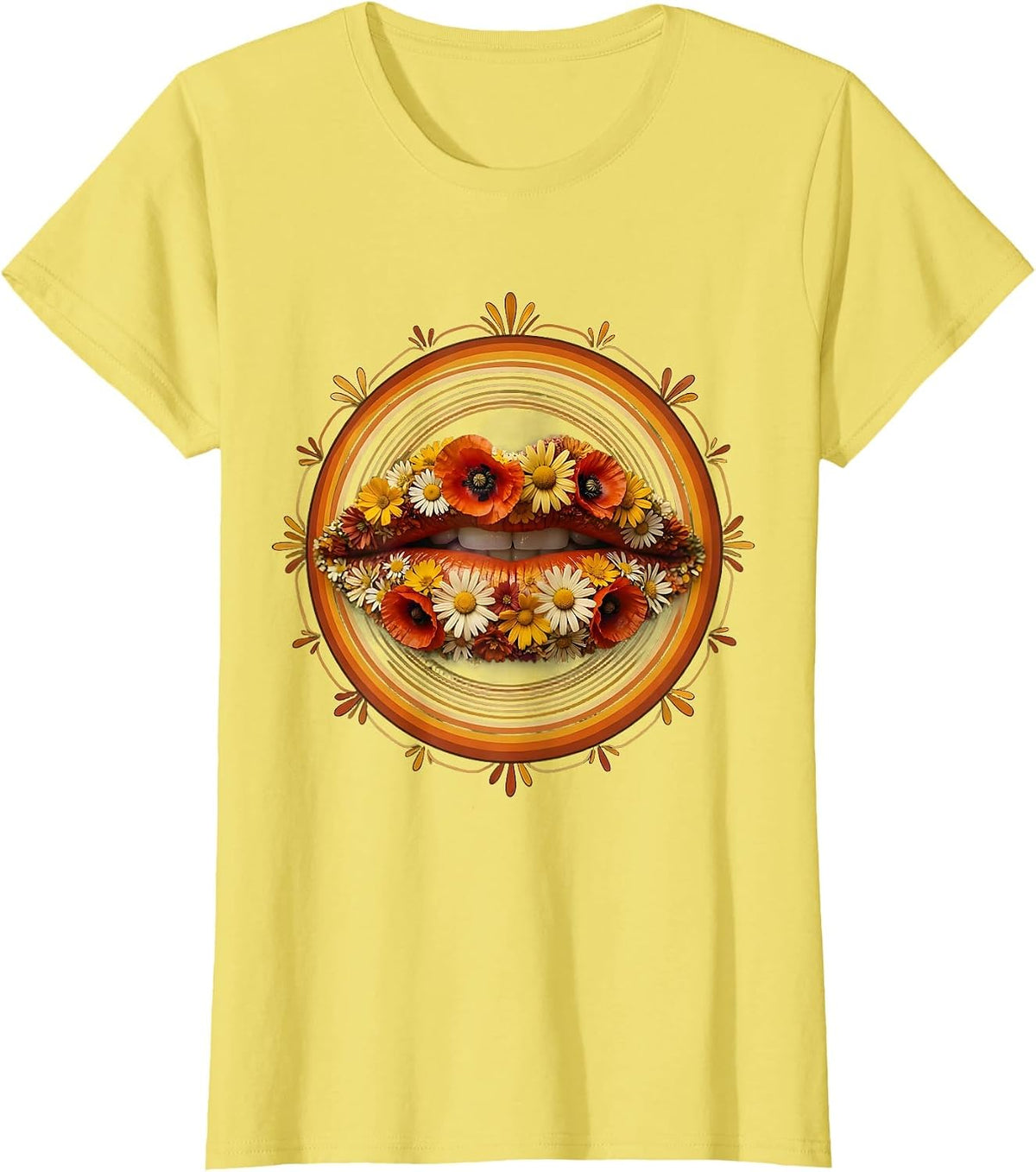 Women's Speech Therapy Wildflower Lips Floral Art Design T-Shirt - Lemon Yellow