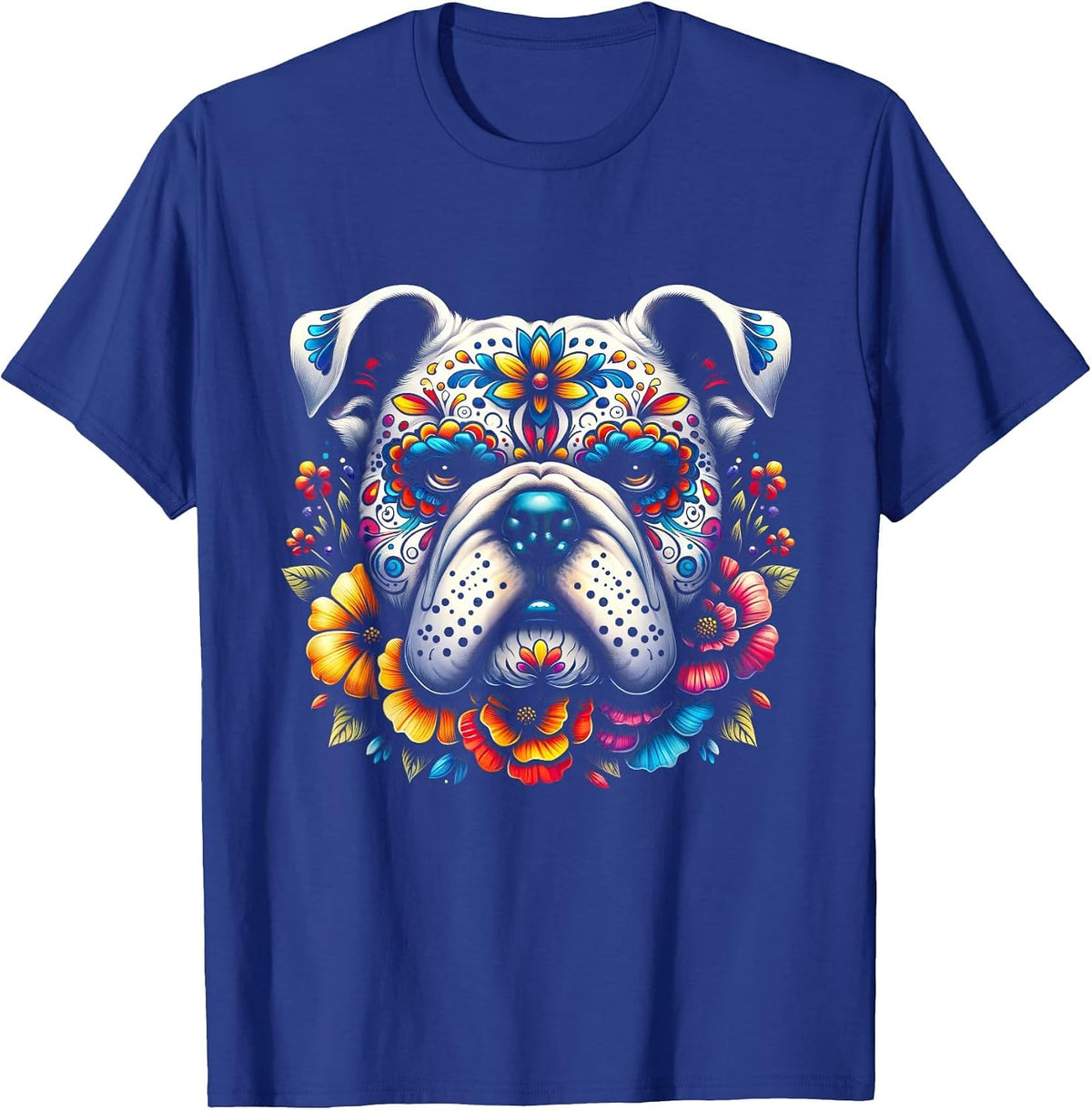 Cinco De Mayo Sugar Skull Flower Bulldog T-Shirt - Royal Blue