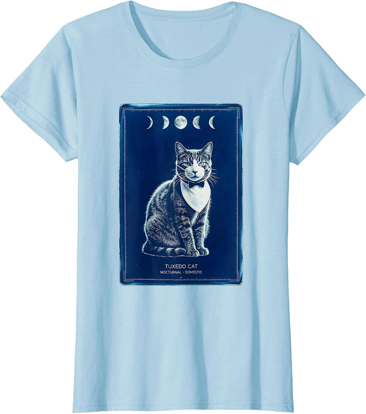 Tuxedo Cat Nocturnal Domestic 90s Retro Moonlit Portrait T-Shirt - Baby Blue