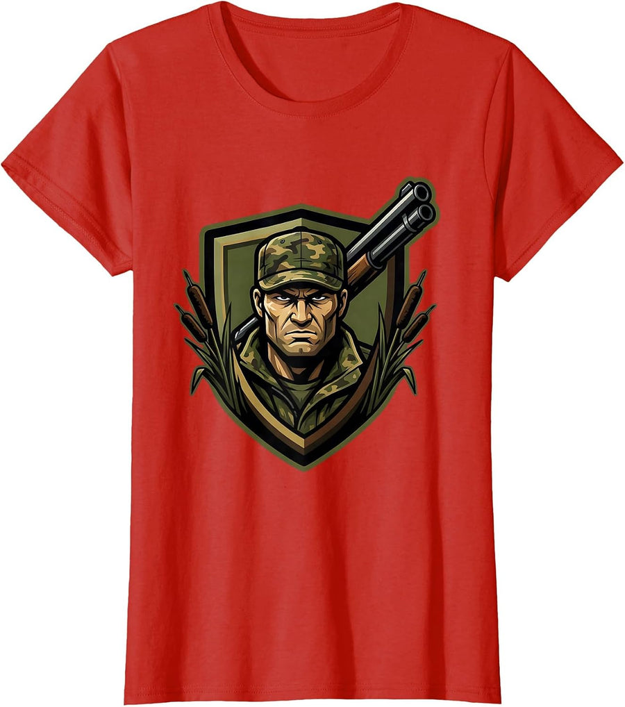 Women's Duck Hunter in Blind With Shotgun Raised T-Shirt - Red