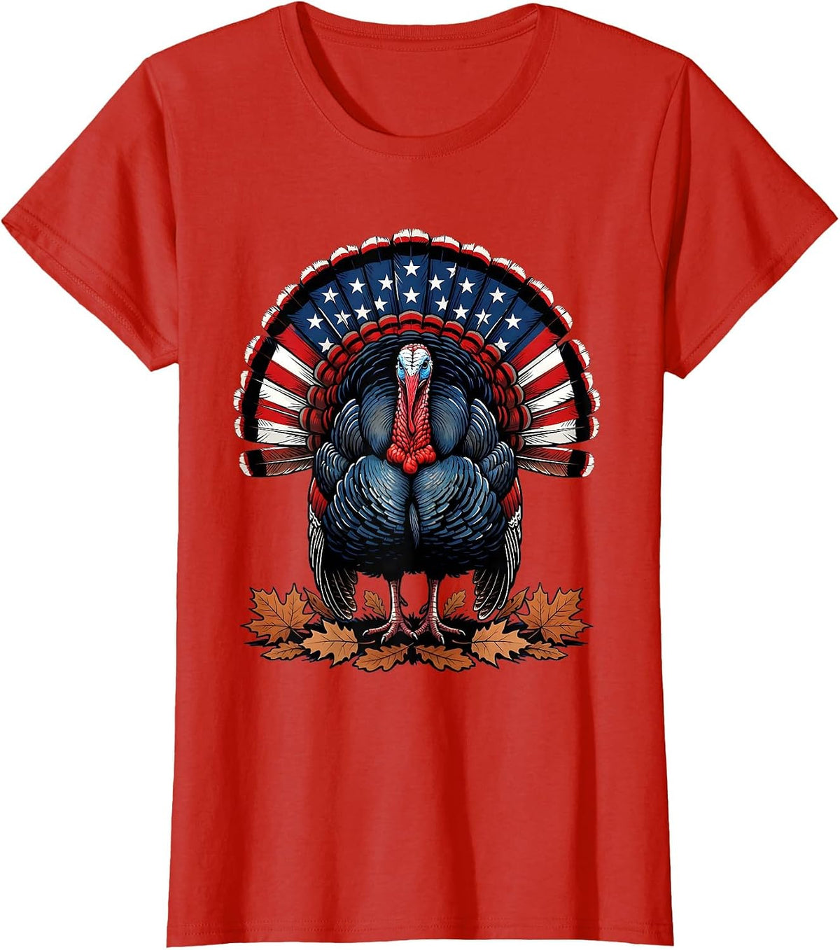 Women's Wild Turkey Strutting Autumn Leaves Thanksgiving T-Shirt - Red