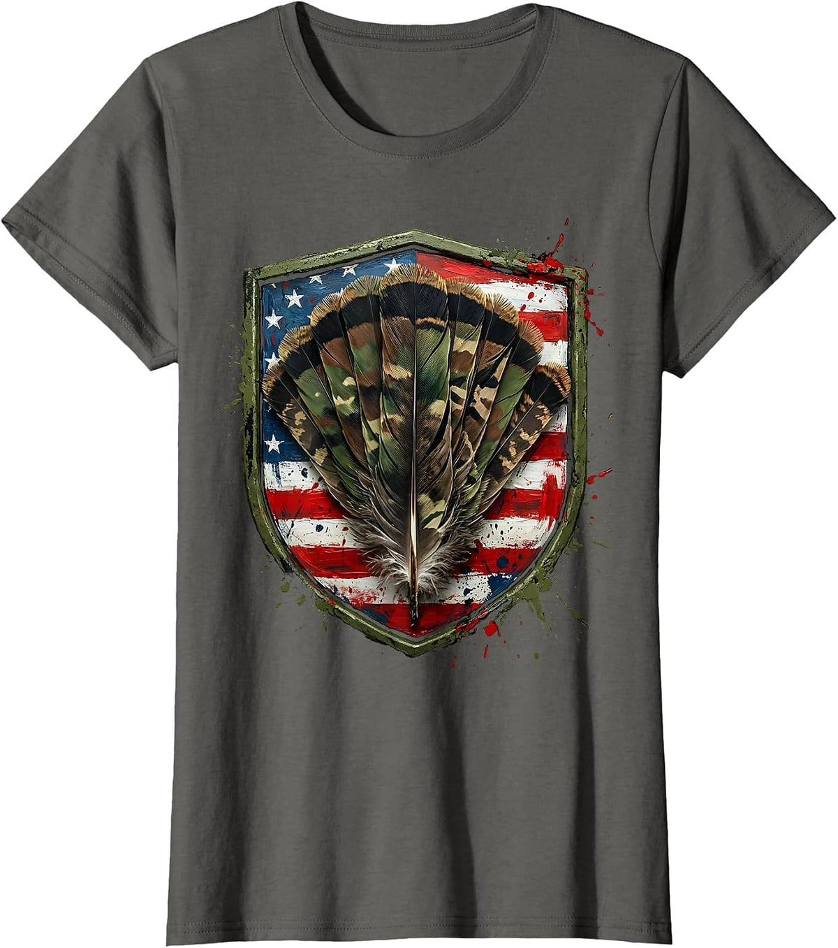 Women's Turkey Feathers Woodland Camo Fan Illustration T-Shirt - Asphalt Grey