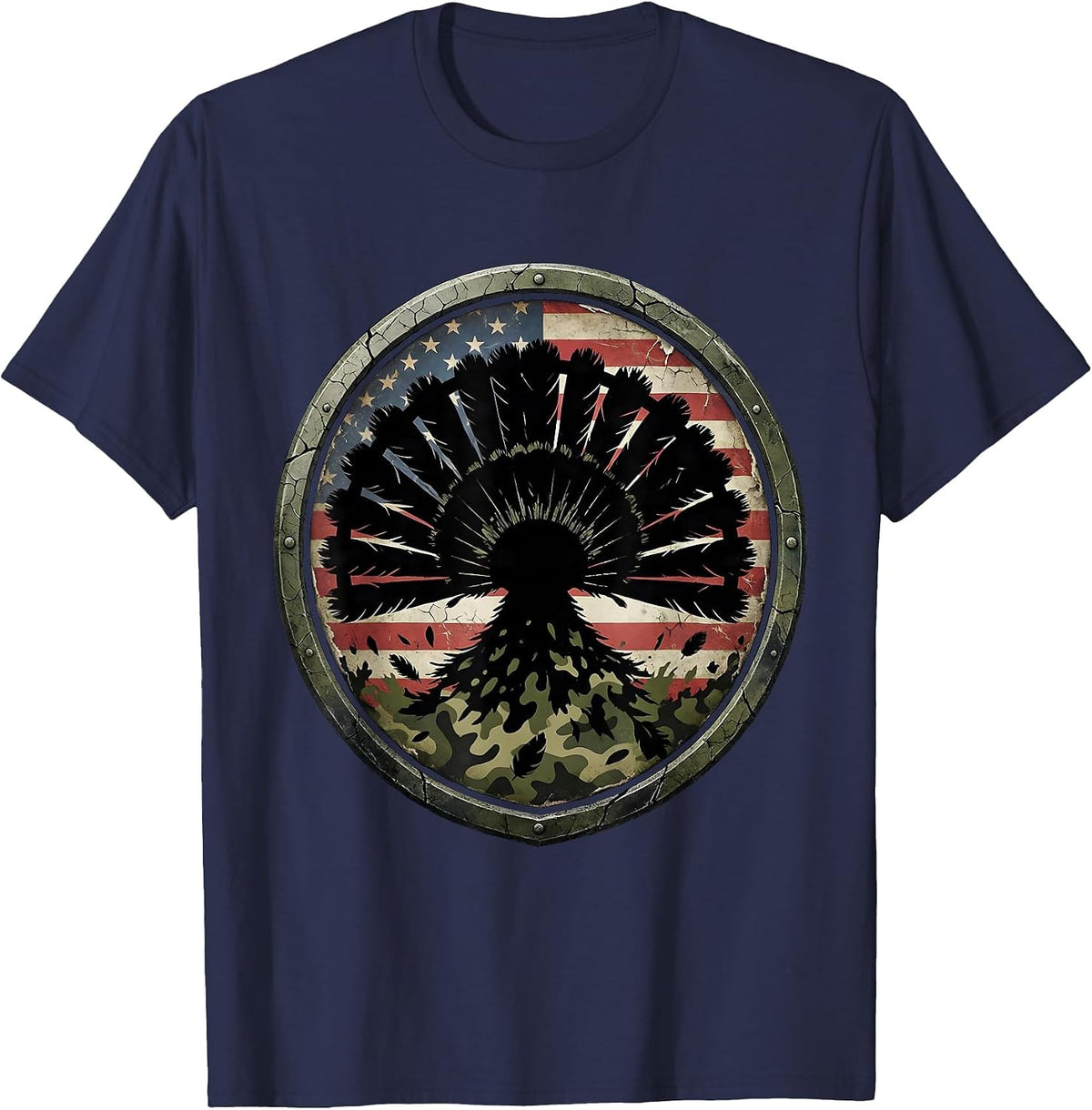 Turkey Feather Fan Camo Hunting Graphic T-Shirt - Navy Blue