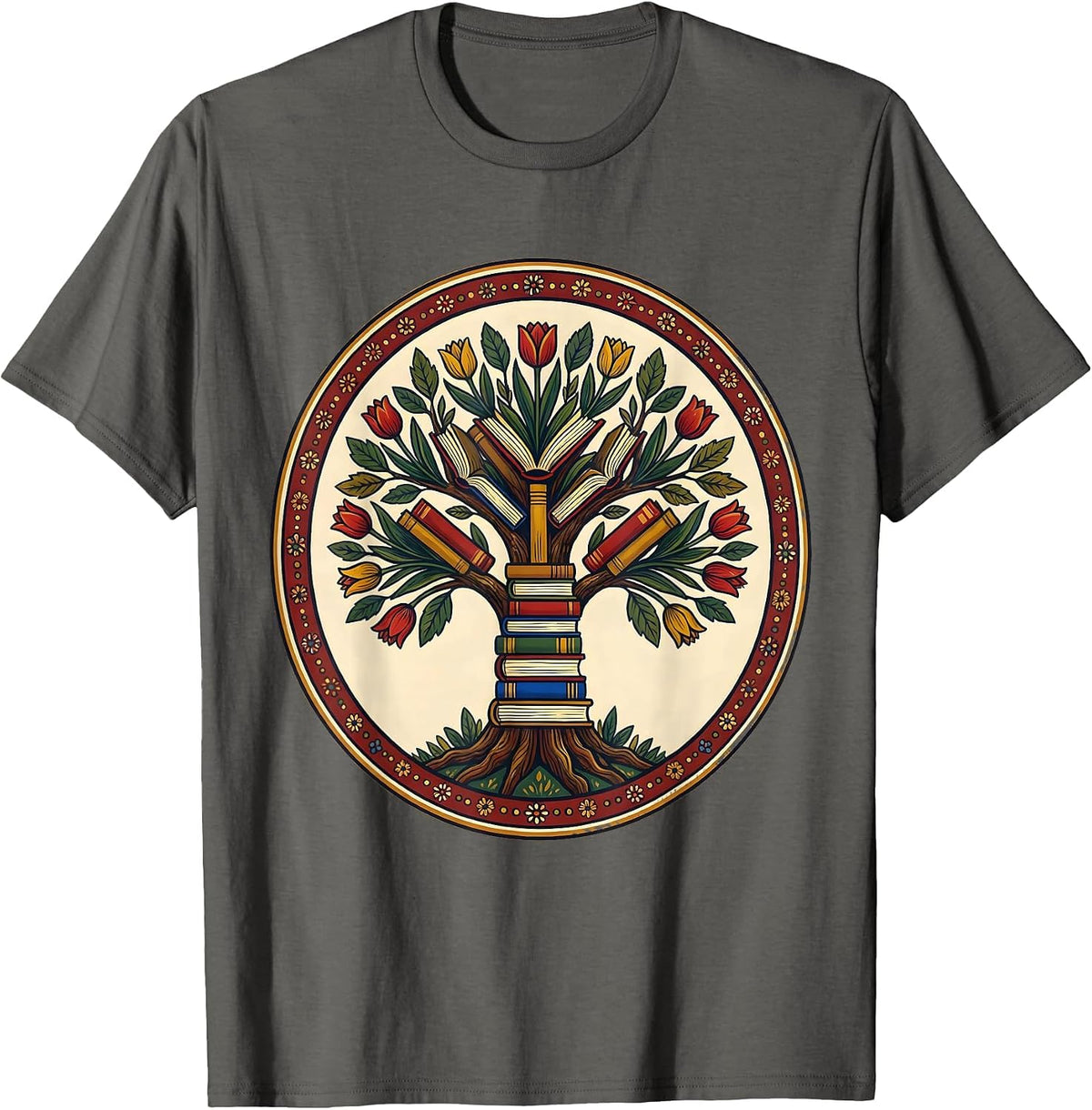Colorful Book Tree Reading Teacher Literature Art T-Shirt - Asphalt Grey
