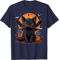 Cute Black Cat with Bat Wings Pumpkin Women Men Halloween T-Shirt - Navy Blue
