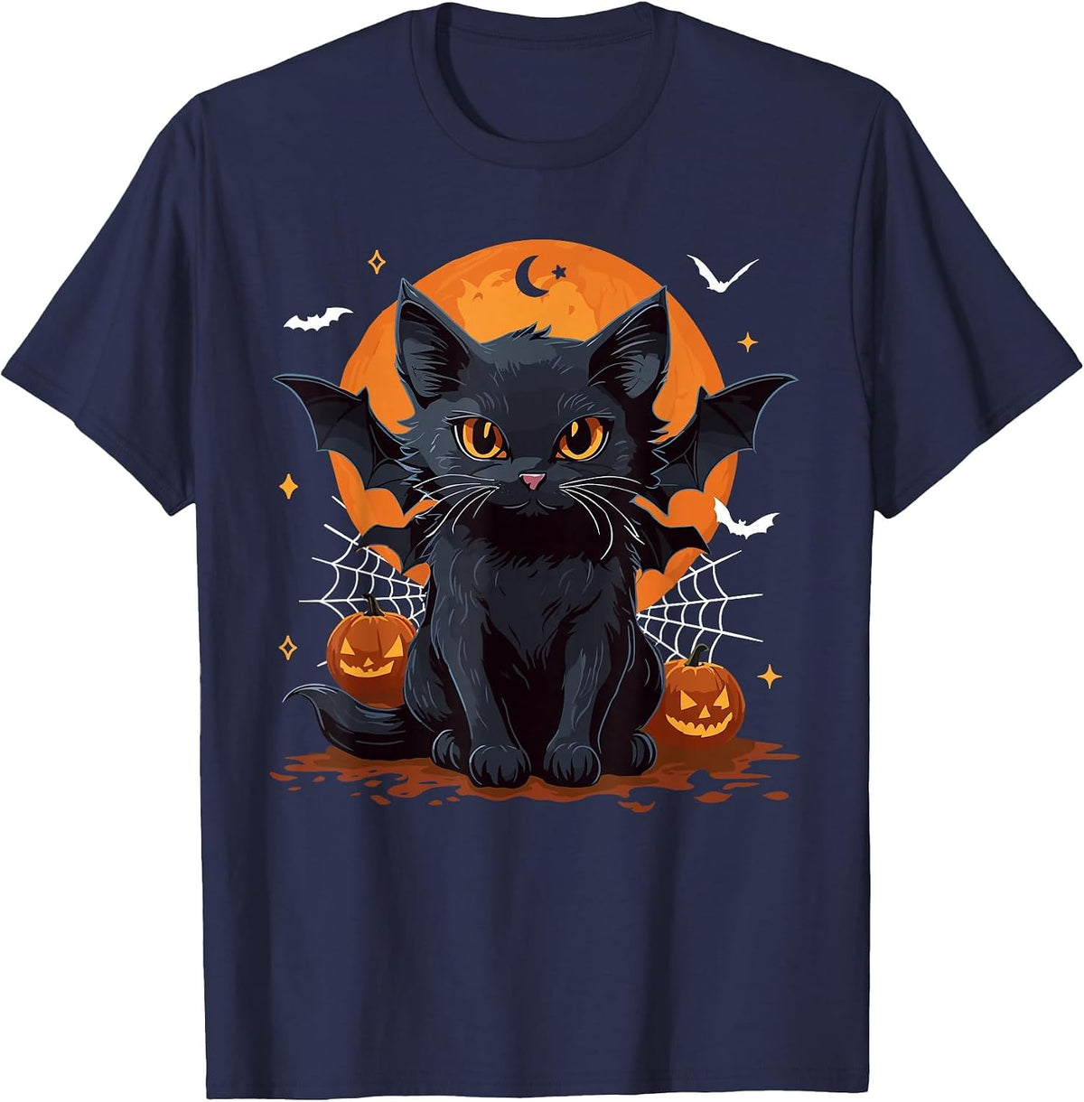Cute Black Cat with Bat Wings Pumpkin Women Men Halloween T-Shirt - Navy Blue