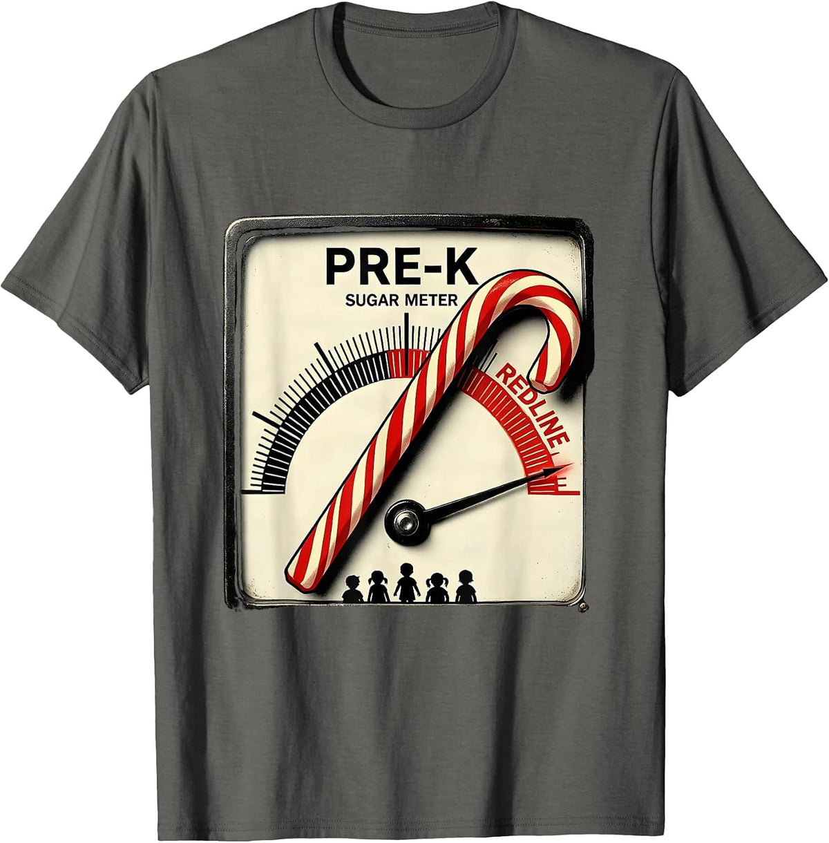 Men's Pre-K Sugar Meter Redline Funny Teacher Christmas Candy Cane T-Shirt - Asphalt Grey