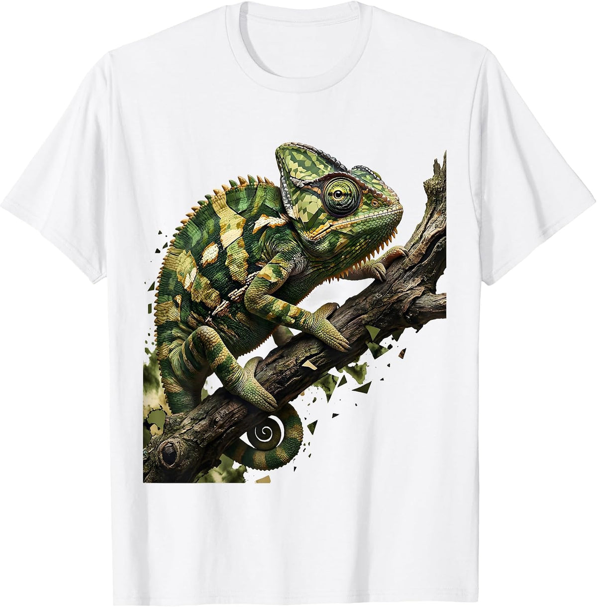 Men's Camouflaged Chameleon on Tree Branch Design T-Shirt - White