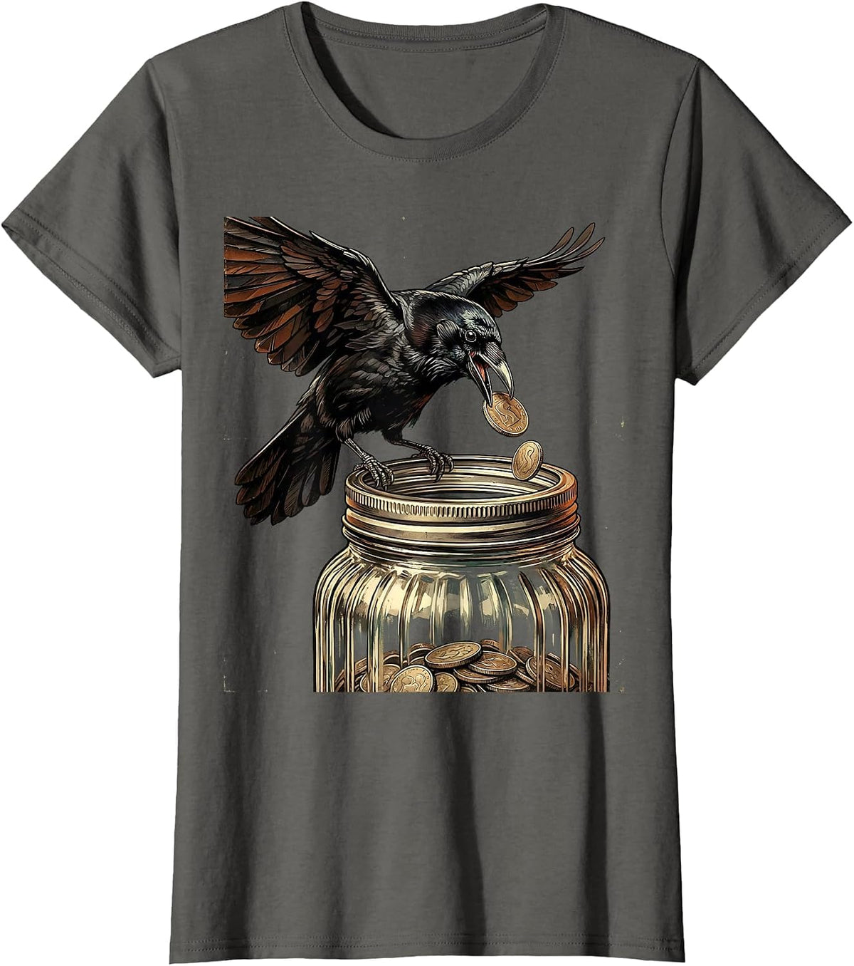 Women's Crow Dropping Coin Into Mason Jar Illustration T-Shirt - Asphalt Grey