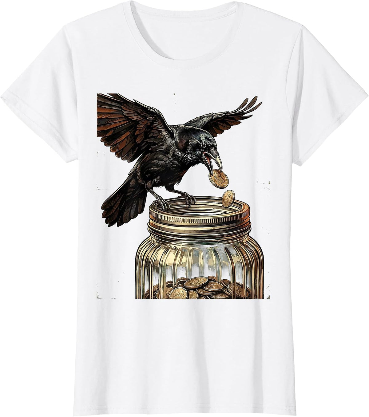 Women's Crow Dropping Coin Into Mason Jar Illustration T-Shirt - White