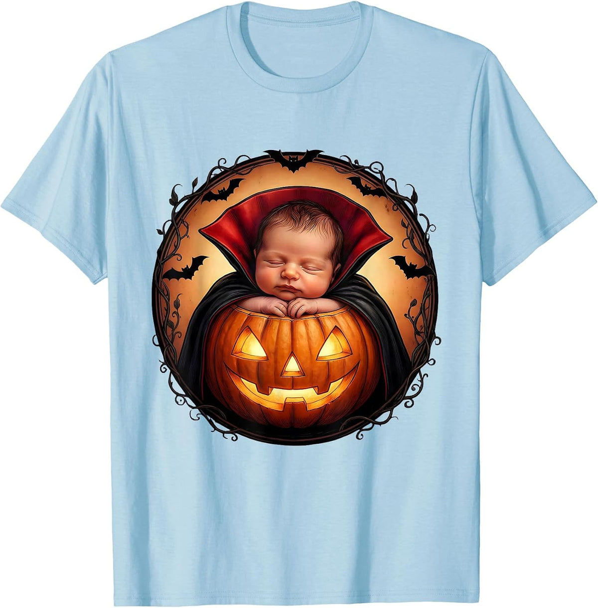 Men's NICU Halloween Tiny Baby Vampire Pumpkin Design T-Shirt - Baby Blue