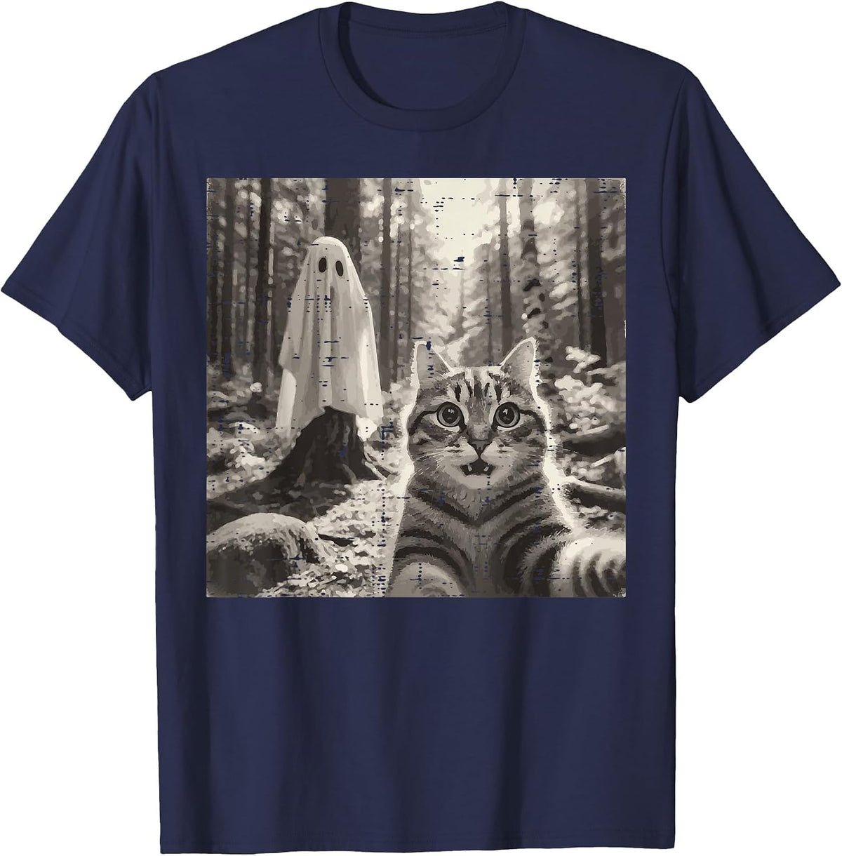 Halloween Tabby Cat Ghost Sheet Selfie Costume Men Women Kid T-Shirt - Navy Blue