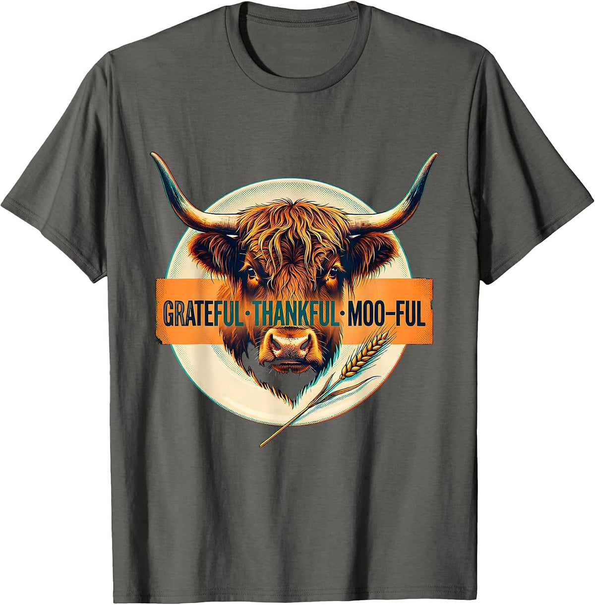 Men's Grateful Thankful Moo-ful Highland Cow Farm Animal T-Shirt - Asphalt Grey