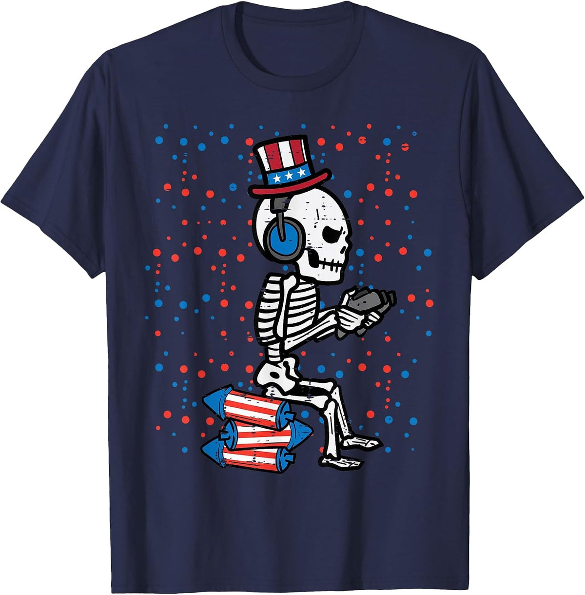 4th of July Skeleton Gamer Funny America Boys Kids Men Teen T-Shirt - Navy Blue