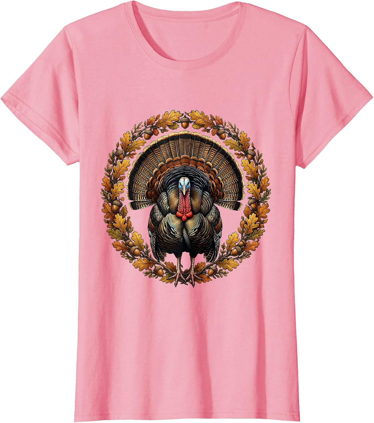 Women's Camo Turkey Strutting Autumn Underbrush Illustration T-Shirt - Pink