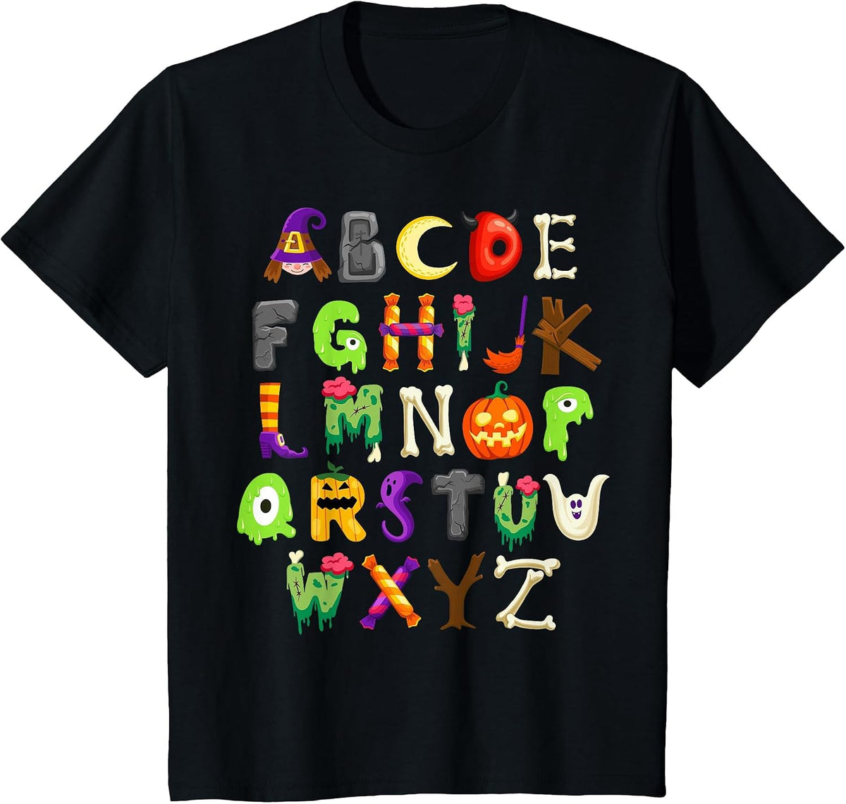 ABCs Learning Kindergarten Teacher Funny Halloween Alphabet T-Shirt - Black