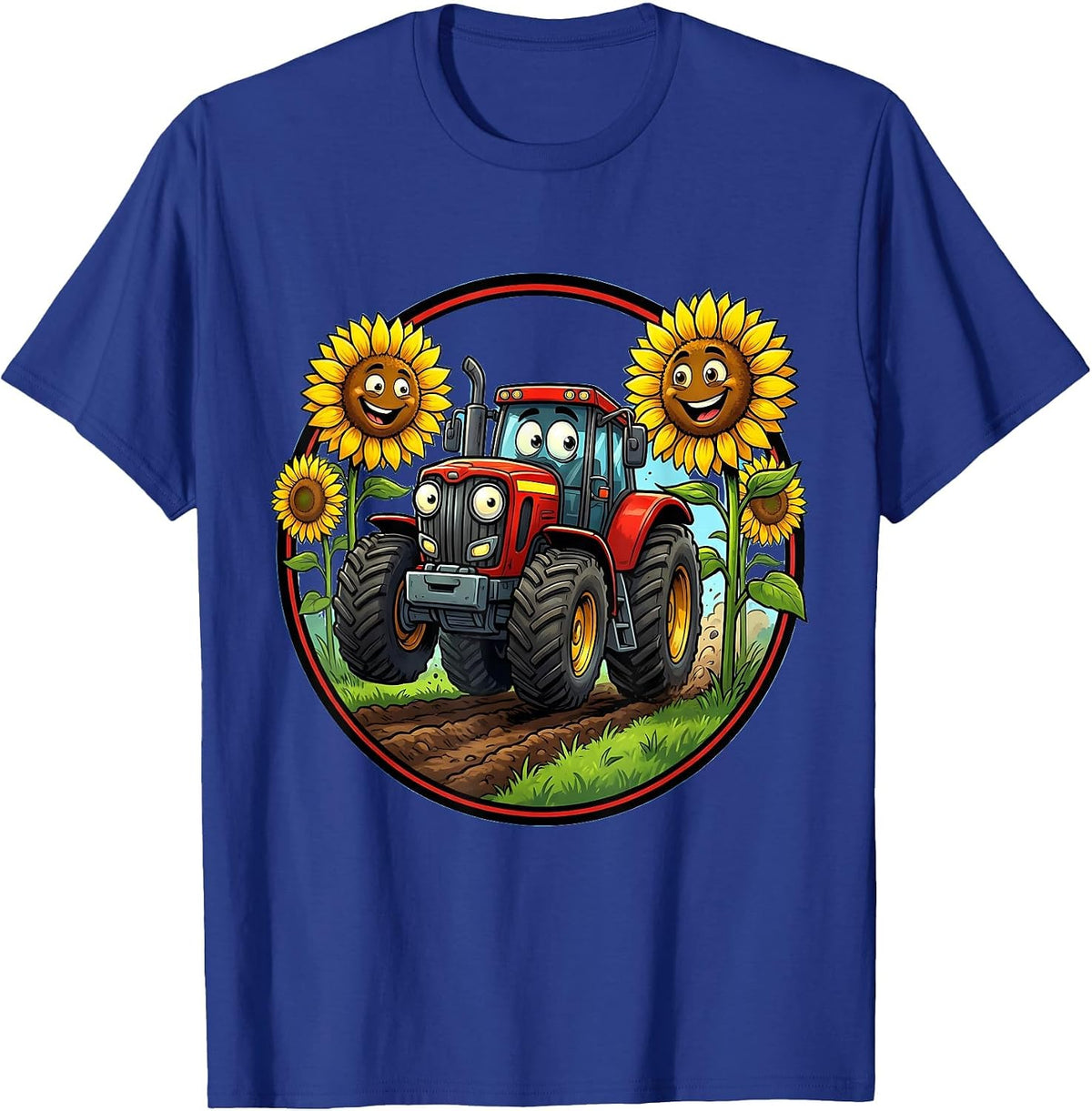 Pre K Tractor Sunflower Field Illustration T-Shirt - Royal Blue