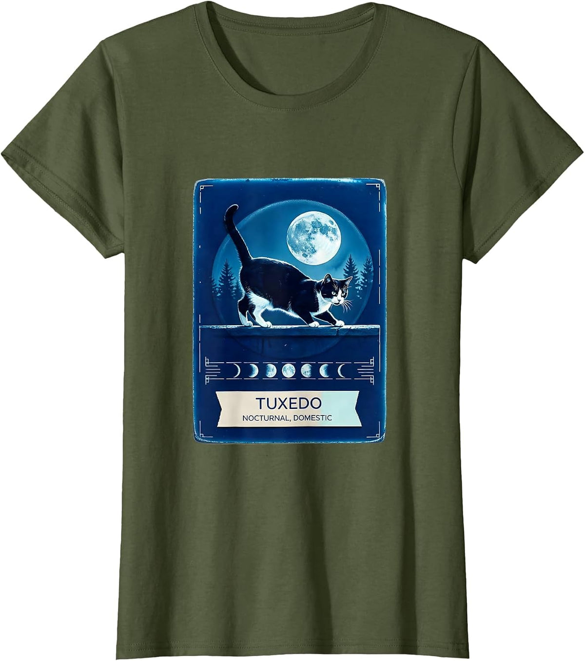 Women's Tuxedo Nocturnal Domestic 90s Retro Cat Lover Portrait T-Shirt - Olive Green