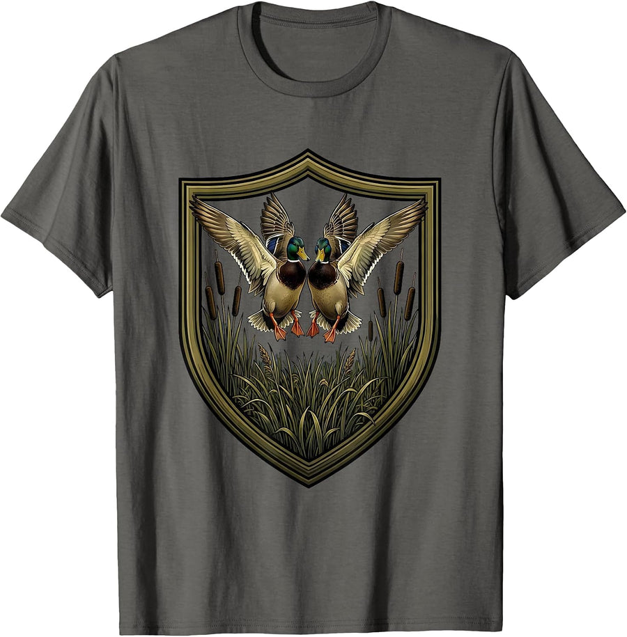 Duck Camo Hovering Ducks Foggy Marsh Illustration T-Shirt - Asphalt Grey