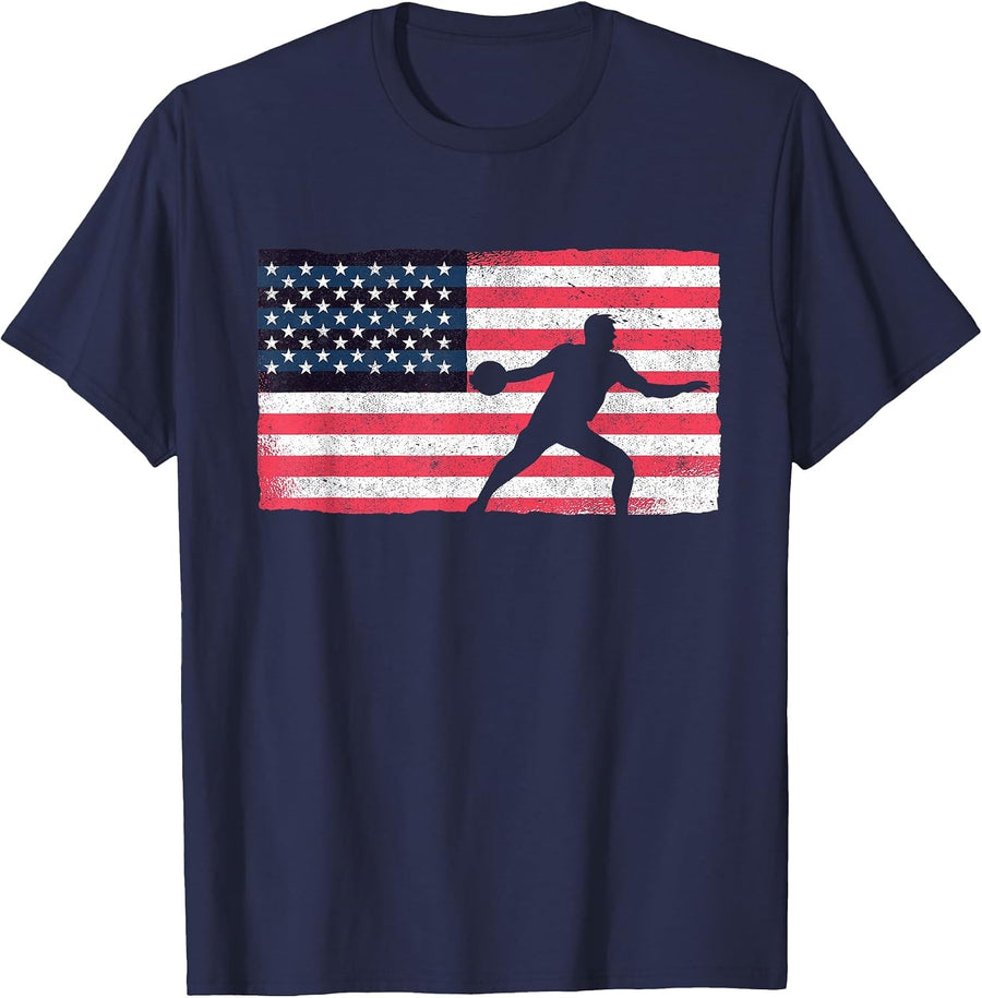 Discus Thrower American Flag Track and Field Throwing Discus T-Shirt - Navy Blue