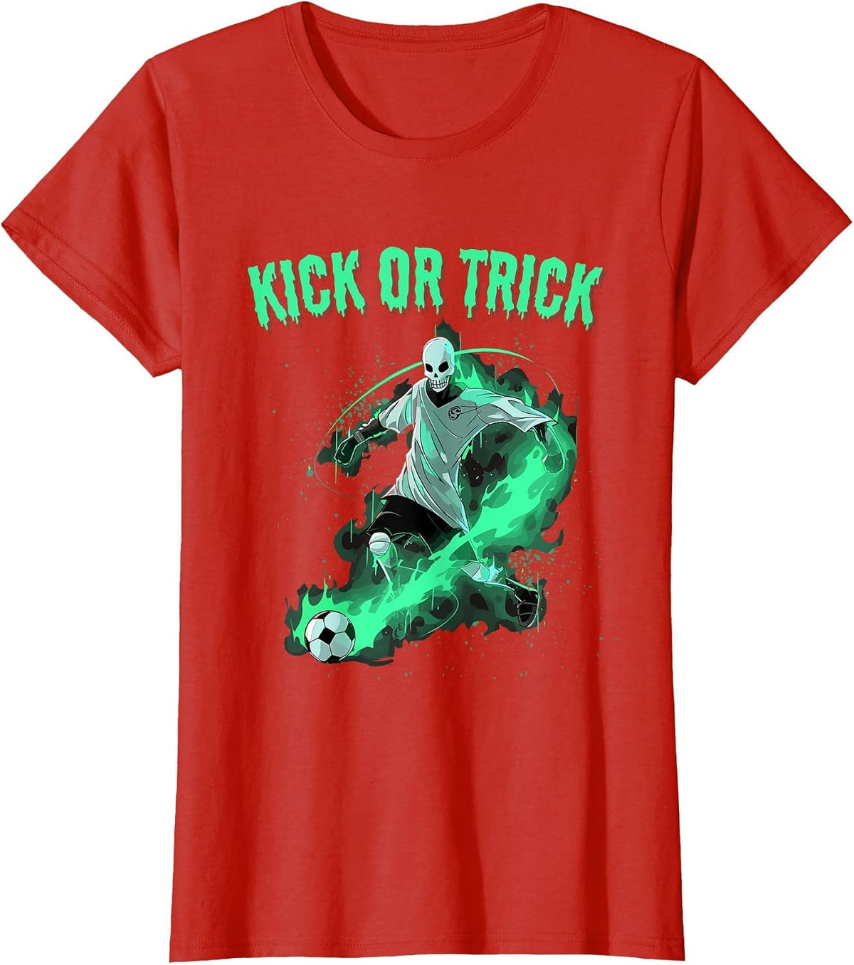Skeleton Soccer Halloween Kick Or Funny Pun T-Shirt - Red