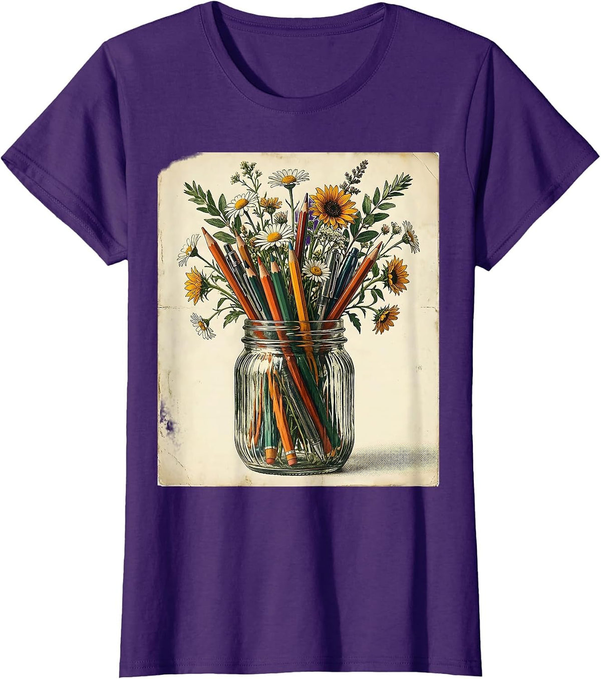Women's Elementary Teacher Mason Jar Pens Flowers Graphic T-Shirt - Purple