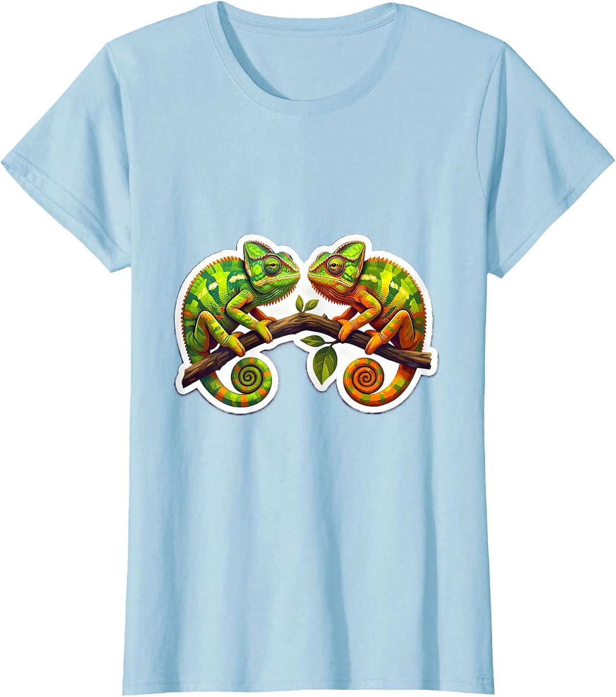 Twin Chameleons on a Branch Twin Day Design T-Shirt - Baby Blue