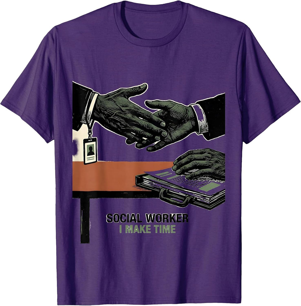 Men's Social Worker I Make Time Linocut Retro Profession Humor T-Shirt - Purple
