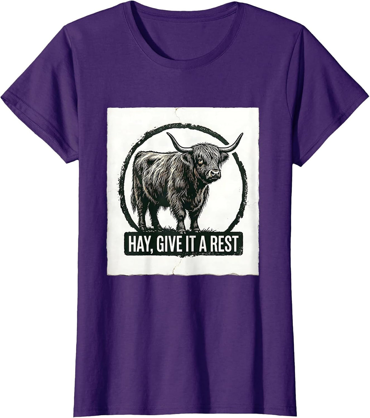 Women's Hay Give It A Rest Funny Highland Cow Farm Humor T-Shirt - Purple