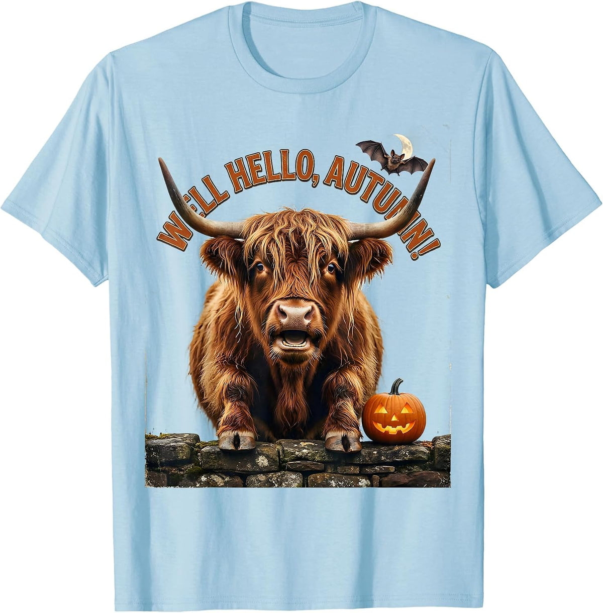 Men's Well Hello, Autumn! Vintage Highland Cow Fall Halloween T-Shirt - Baby Blue
