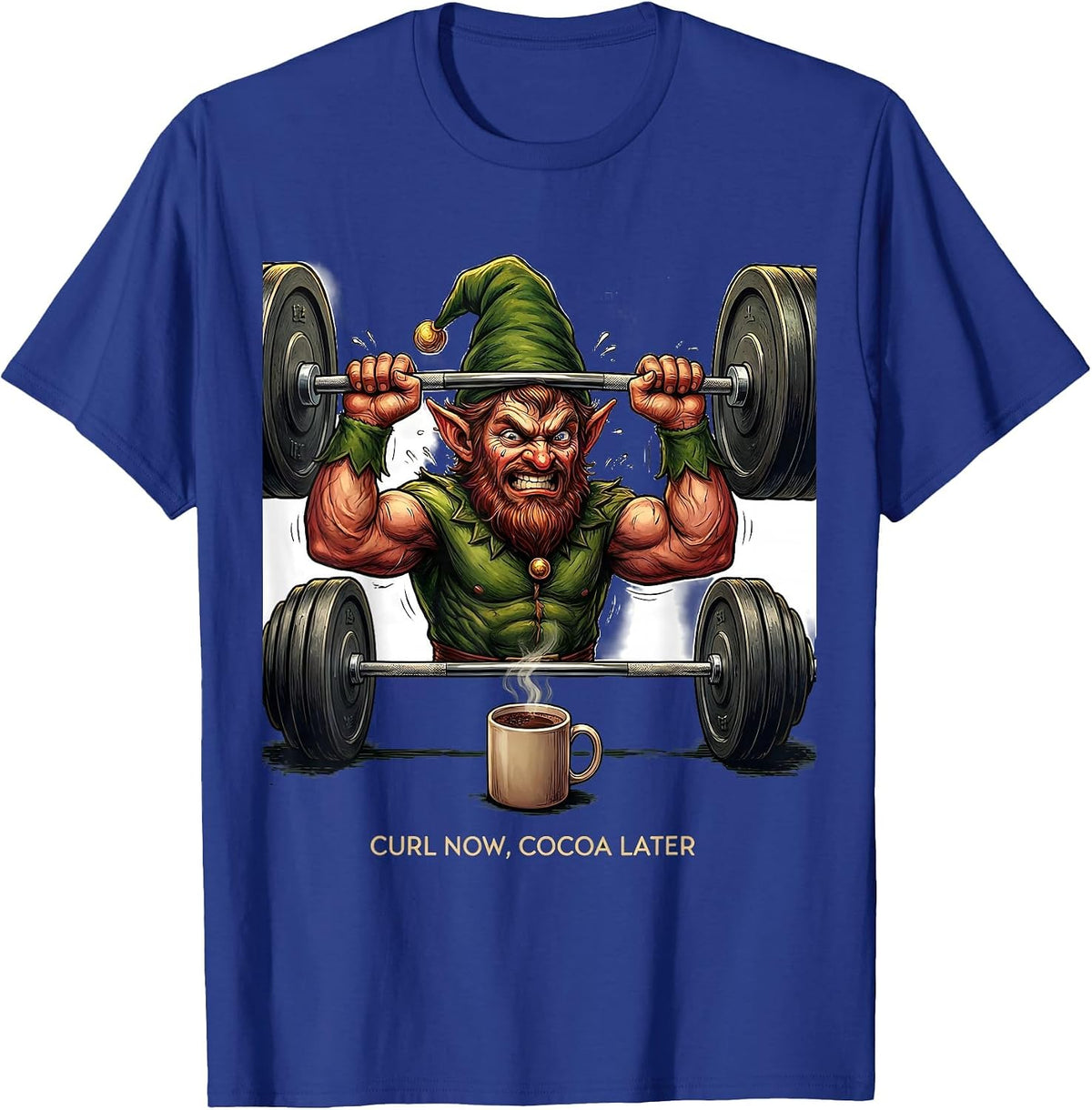 Men's Curl Now, Cocoa Later Funny Christmas Gym Workout T-Shirt - Royal Blue