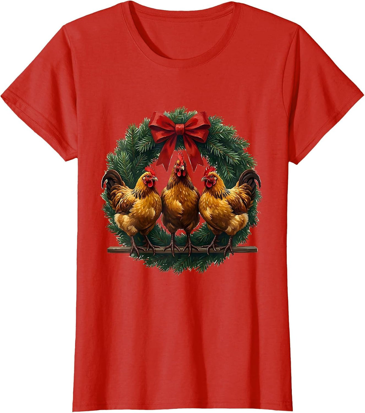 Women's Chickens Wreath Christmas Humor Farm Animal Lover Gift T-Shirt - Red