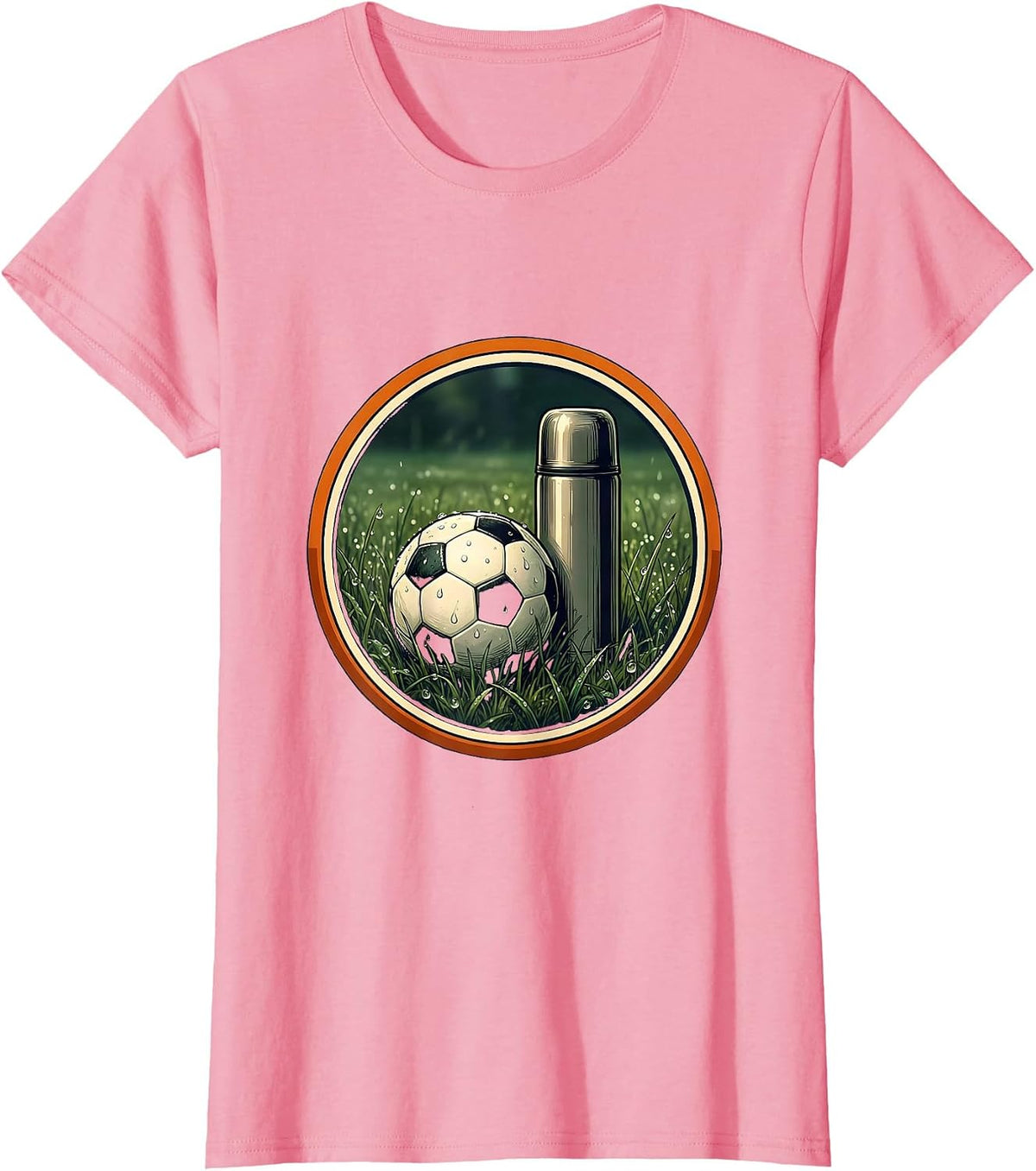 Women's Soccer Dad Thermos and Ball on Dewy Grass T-Shirt - Pink