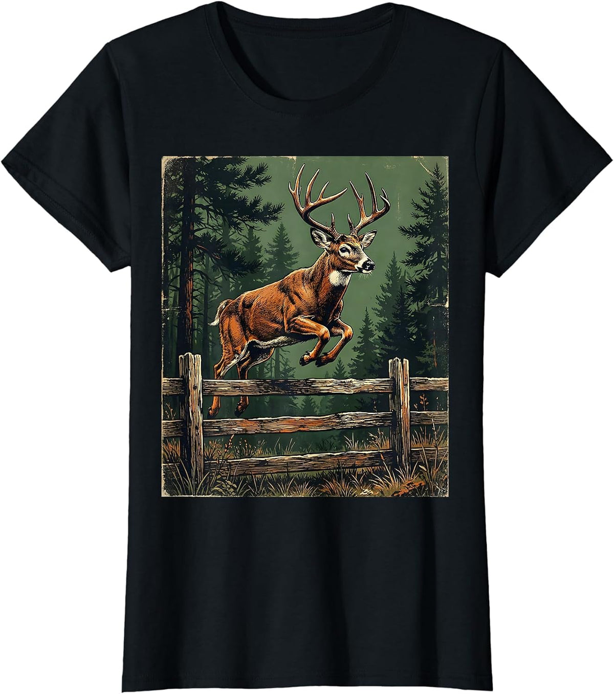 Whitetail Deer Leaping Over Forest Fence T-Shirt - Black
